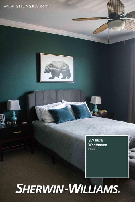 This dark green room paint color from Sherwin Williams is perfect for an accent wall or the whole bedroom makeover. Give it a try if you’re looking for dark green ideas! #bedroompaintcolors #darkgreenpaint #bedroominspo #sherwinwilliamspaint Dark Green And Grey Bedroom, Dark Turquoise Bedroom, Dark Grey Bed Frame Bedroom Ideas, Dark Teal Bedroom Ideas, Dark Teal Bedroom, Charcoal Bed, Green Bedroom Paint, Emerald Green Bedrooms, Green Bedroom Walls