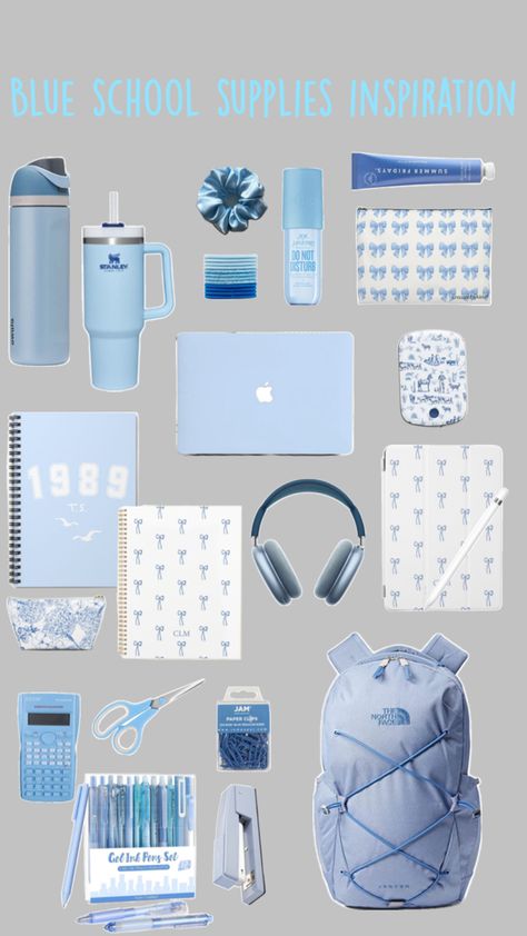 Blue school supplies inspiration|blue stationary| light blue school supplies essentials| light blue stationary| light blue backpacks, light blue water bottle, light blue Stanley,light blue pencil bag, light blue north face backpack light blue MacBook case,light blue iPad case, cute bow iPad case, silk scrunchy, light blue portable charger, blue AirPod max blue summer Fridays Blue School Supplies, School Supplies Essentials, Backpack School Supplies, Blue Stationary, Blue Backpacks, School Bag Essentials, Backpack School, Blue Backpack, Essential Bag