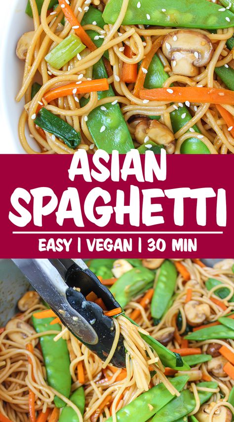 Asian Spaghetti with Garlic & Vegetables (EASY!) | The Garden Grazer Asian Spaghetti, Spaghetti With Mushrooms, Garden Grazer, Vegan Asian Recipes, Vegan Asian, Easy Asian Recipes, Healthy Vegan Snacks, Snow Peas, Vegan Pasta