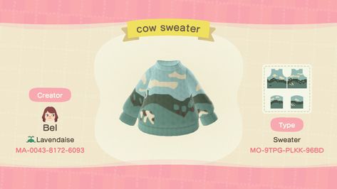 an animal crossing pro design is shown. it is a sweater depicting cows eating in a field. the creator and item code are shown on either side of the screen Animal Crossing Cow Design, Animal Crossing Spring Outfits, Animal Crossing Band Tee, Animal Crossing Creator Codes Clothes, Acnh Sweater Code, Animal Crossing Custom Clothes, Animal Crossing Sweater Design, Animal Crossing Design Codes Clothes Y2k, Animal Crossing Clothing Designs