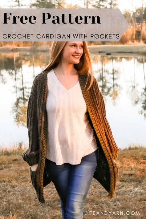 Make this cozy DIY Crochet Project using this Free Crochet Sweater Cardigan on the Life and Yarn Blog Now! Crochet Cardigan With Pockets, Crochet Cardigan Pattern Free Women Plus Size, Duster Pattern, Easy Beginner Crochet Patterns, Crochet Apparel, Crocheted Clothes, Crochet Cardigan Free, Crochet Sweater Dress, Crochet Cardigan Pattern Free