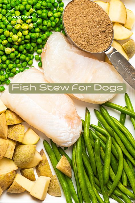 618g (1.725 Ibs) Cod Deboned
210g (3 Cups Chopped) Potato
113g (1 ½ Cups) Green Beans
113g (1 ½ Cups) Green Peas
480g (2 Cups) Water
57g (½ Cup) Dog Child Essential Nutrient Mix 
23g (4 Tbsp) Omega Oil Fish Dog Food Recipes, Homemade Dog Food With Fish, Chicken Soup For Dogs Recipe, Homemade Dog Food Crockpot Chicken, Fish Dog Treats, Homemade Dog Food Kidney Diet, Striper Fish, Potato Dog, Dehydrated Dog Food