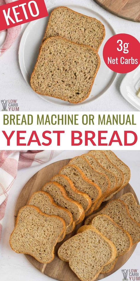 This low carb bread can be baked in the oven or a bread machine. It's a low carb yeast bread machine recipe with a taste and texture like the real thing! Keto Bread Machine Recipes, Yeast Bread Machine Recipes, Galletas Keto, Low Carb Sandwiches, Bowl Bread, Bread Machine Recipe, Keto Chaffles, Bread Maker Recipes, Lowest Carb Bread Recipe