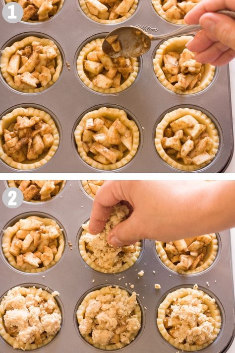 Apple Tartlets Mini, Muffin Pan Apple Pie Desserts, Apple Pie Individual, Apple Tart Recipe Mini, Mini Apple Pies Graham Cracker Crust, Fall Tarts Mini, Apple Crumble Bites, Mini Apple Desserts Easy, Thanksgiving Tartlets