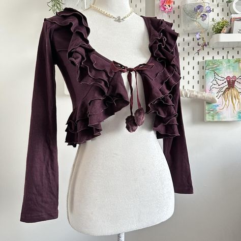 Purple Whimsygoth Ruffle Cardigan with pom... - Depop Y2k Pieces, Horror Game Protagonist, Random Clothing, Fairy Cottage Core, Game Protagonist, Cardigan Y2k, Ruffle Cardigan, Coquette Grunge, Fairy Cottage