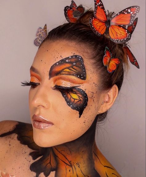 Full Face Butterfly Makeup, Butterfly Fantasy Makeup, Monarch Butterfly Costume Women, Butterfly Costume Diy Women, Buterfluffy Makeup, Butterfly Custome Halloween, Diy Butterfly Costume For Women, Makeup Papillon, Butterfly Costume Aesthetic