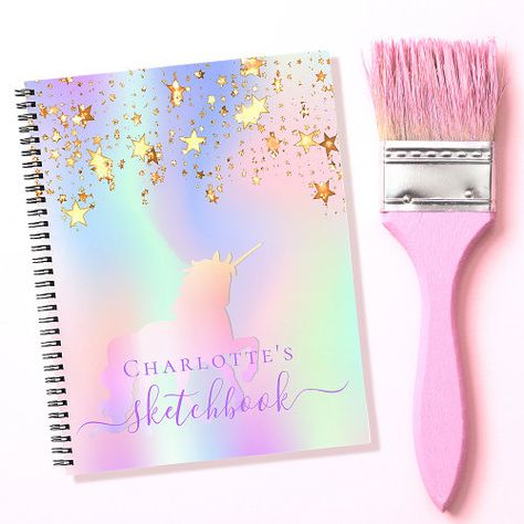 Sketchbook Unicorn Pink Gold Stars Iridescent Name Notebook #zazzle #weddinginvitations #birthdayinvitations #babyshowerinvitations #zazzleinvitations #monogram #businesscards #graduation #homedecor Personalized School Supplies, Keepsake Journal, Back To School Essentials, Personalized Notebook, Printable Planner Stickers, School Essentials, Personalized Stationery, Pastel Rainbow, Rainbow Stripes