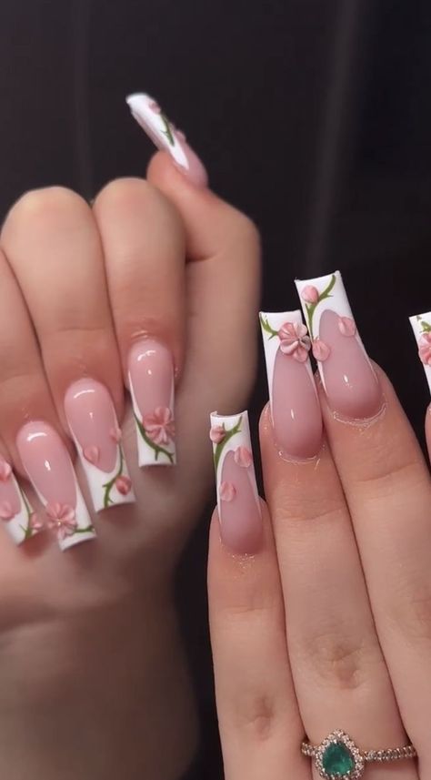 Spring Nail Set Ideas, Flower Petal Nails, Short Flower Nails, Pink Rose Nails, Basic Acrylic Nails, Spring Nail Sets, Coffin Nail Art Designs, Coffin Nail Art, Art For Short Nails