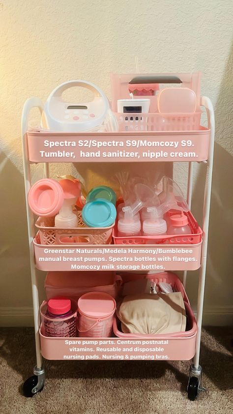 Pink nursing/pumping rolling cart. Pumping Cart Ideas, Nursing Cart Organization, Breast Pump Storage Ideas, Pumping Station Cart, Pumping Station At Home, Pumping Cart, Postpartum Cart Organizer, Nursing Cart Organizer, Pumping Parts Storage