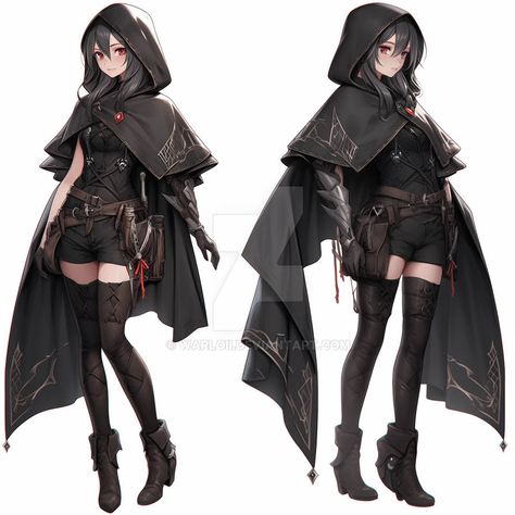 Cool Assassin Outfit, Female Hooded Assassin, Assassin Outfit Drawing Reference, Female Assassin Outfits Anime, Anime Cloak Outfit, Rogue Pose Reference, Anime Assassin Female, Rogue Outfit Female, Assassin Oc