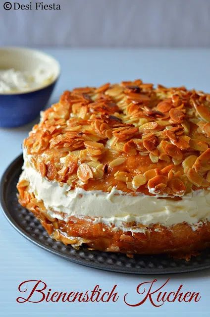 Bienenstich Kuchen (German Bee Sting Cake) - Eggless - Desi Fiesta German Bee Sting Cake, German Pastries, Bee Sting Cake, German Food Authentic, German Cake, German Desserts, German Baking, Bee Sting, Food Cakes