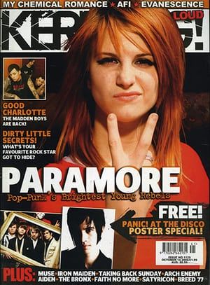 Kerrang! 30th birthday: Paramore (October 2006) My Chemical Romance Magazine Cover, Pop Punk Playlist Cover, Rockstar Magazine Covers, Rock Magazine Cover, Music Magazine Cover, Paramore Poster, Band Magazine, Punk Magazine, 2000s Magazines