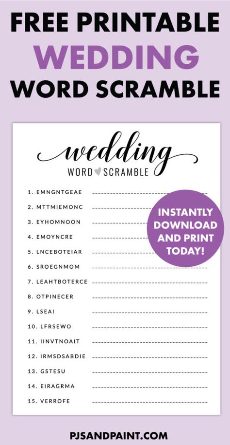 Free Printable Wedding Word Scramble Game Wedding Word Scramble Printable Free, Wedding Word Scramble, Bridal Shower Games Free Printables, Free Printable Bridal Shower Games, Scrabble Wedding, Bridal Shower Prizes, Unscramble Words, Wedding Wording, Scramble Words