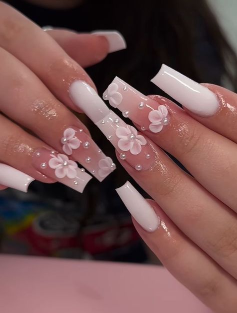 Quinceanera Nails, 3d Flower Nails, Nails Green, Girly Acrylic Nails, Cute Acrylic Nail Designs, Acrylic Flower, Long Acrylic Nails Coffin, Acrylic Nails Coffin Pink, Unique Acrylic Nails