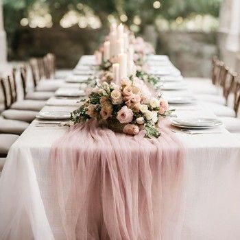 Vintage Mauve Wedding, Pink Cheesecloth Table Runner, Grey Winter Wedding, Grey Wedding Decor, Tulle Table Skirt, Cheesecloth Table Runner, Tulle Table, Light Pink Wedding, Purple Table