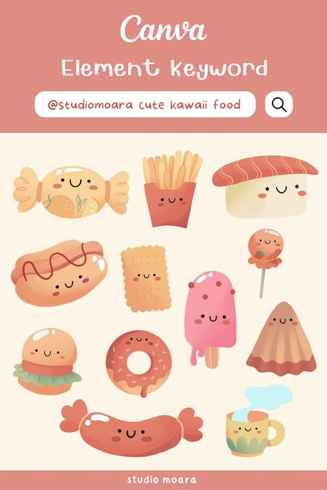 Search on canva element: @studiomoara cute kawaii food #canvaelement #canvaelementkeyword #kawaiifood #cutefood Pixel Font, Keyword Elements Canva, Alphabet Photos, Canva Elements Keyword, Food Cartoon, Canvas Learning, Drawing Journal, Blog Graphics, Cute Frames