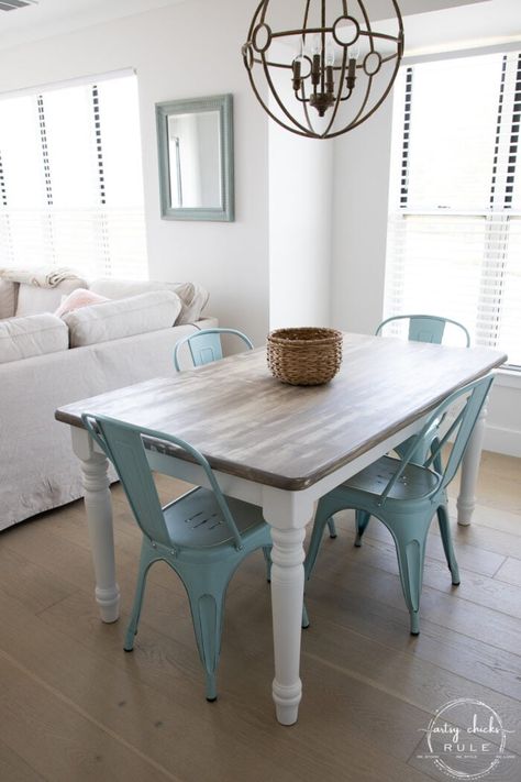 Coastal Dining Room Table, Coastal Dining Table, Coastal Dining Chairs, Weathered Wood Stain, Diy Farm Table, Painted Dining Table, Diy Dining Room Table, Coastal Dining Room, Coffee Table Makeover