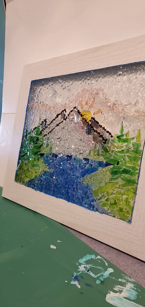 Epoxy Window Art, Fused Glass Art Mountains, Fused Glass Art Sunset, Fused Glass Mountains, Glass Frit Painting, Frit Painting, Old Window Projects, Glass Picture Frame, April Crafts