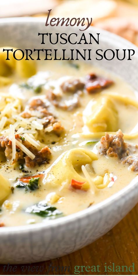 White Tortellini Soup, Lemony Artichoke Soup, Lemony Tuscan Artichoke Soup, Lemony Soup, Tortellini Soup Instant Pot, Meatball And Tortellini Soup, Tuscan Tortellini Soup, Italian Soups, Tuscan Tortellini