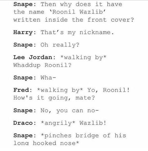 "Pinches bridge of long hooked nose" Roonil Wazlib, Citate Harry Potter, Glume Harry Potter, Harry Potter Memes Hilarious, Harry Potter Feels, Harry Potter Puns, Yer A Wizard Harry, Potter Facts, Harry Potter Headcannons