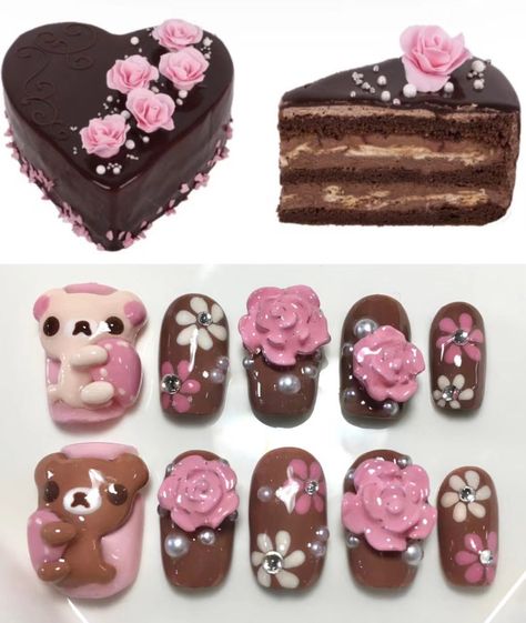 Cake Nails, Deco Nails, Girly Nails, Hello Nails, Pretty Gel Nails, Really Cute Nails, Soft Nails, Kawaii Nails, Pink And Brown