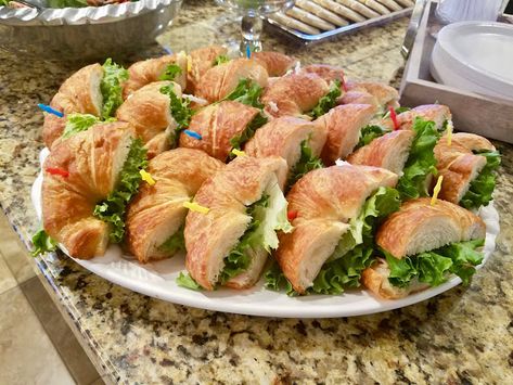 Honey Turkey Croissant Sandwiches w/pineapple crea... Crossiant Sandwich Platter, Mini Turkey Sandwiches For Parties, Croissant Sandwiches For Party, Croissant Sandwich Platter, Pineapple Cream Cheese Spread, Mini Croissant Sandwiches, Crossaint Sandwich, Croissant Appetizers, Baby Shower Sandwiches