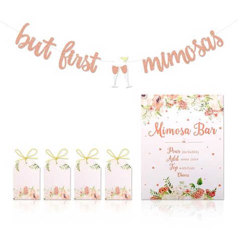 PRICES MAY VARY. Mimosa Bar Sign: Beautiful glitter rose gold sign for baby shower or bridal shower Perfect Size: Pre-strung banner with 6.2 inch letters and 29.2 inch ropes for adjustability Complete Set: Includes pre-assembled glitter banner, Mimosa Bar sign, and 4 boho floral juice tags Unique Floral Design: Boho floral style with light blue and pink colors for baby shower theme Quality Materials: Made from card stock paper with rose gold color and lightweight design  Are you preparing your s Rose Gold Bridal Shower Decor, Floral Bridal Shower Decorations, Floral Baby Shower Decorations, Rose Gold Bridal Shower, Brunch Bubbly, Bubbly Bar, Champagne Brunch, Mimosa Bar Sign, Gold Baby Shower