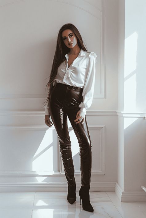 What to wear with black leather pants - Outfit Harmony White Satin Shirt Outfit, Outfits With Corsets, Leather Pants Outfits, Black Leather Pants Outfit, Satin Shirt Outfit, White Satin Shirt, Satin Button Down Shirt, Long Black Cardigan, Leather Pants Outfit