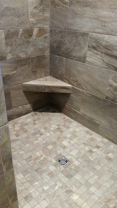 Earth tone walk in shower with corner bench.  Installed by BP'S TILE. Shower With Corner Bench, Half Bathroom Remodel, Mobile Home Bathroom, Corner Bench, Bathroom Shower Tile, Bathroom Remodel Shower, Basement Bathroom, Corner Shower, Bathroom Redo