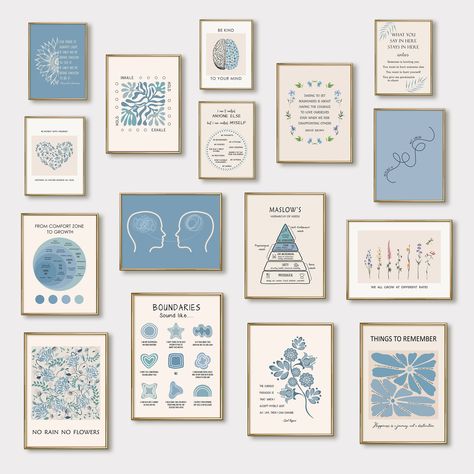 16 Mental Health Posters, Psychology Prints, Therapy Office Decor, Counselor Office Printables, Wall Art Prints Blue This Set of 16 Printable Posters is perfect for your therapy office, or as a self-help inspirational reminder in your home decor. You can use these beautifully designed Original Boho Art Prints to create a a corresponding atmosphere for therapy sessions with clients whether you are a therapist, counselor, teacher or a social worker.  Also makes a perfect gift for your favorite the Bcba Office Decor, Human Resource Office Decor, Therapy Poster Design, Therapy Office Wall Art, Psychology Wall Art, School Psychology Office Decor, Psychology Office Design, Cozy Therapy Office, Psychoanalyst Office