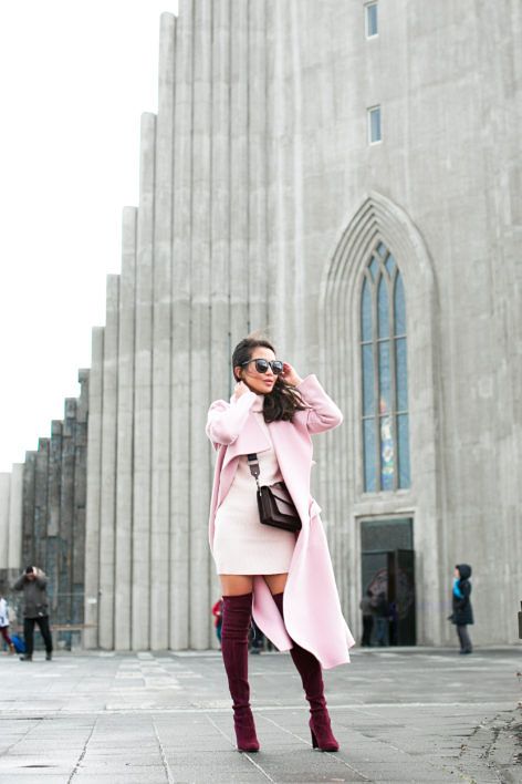 Pink Sweater Outfit, Mackage Coat, Wendy Nguyen, Wendy's Lookbook, Burgundy Boots, Reykjavik Iceland, Thick Wool, Pink Coat, Birthday Dinner