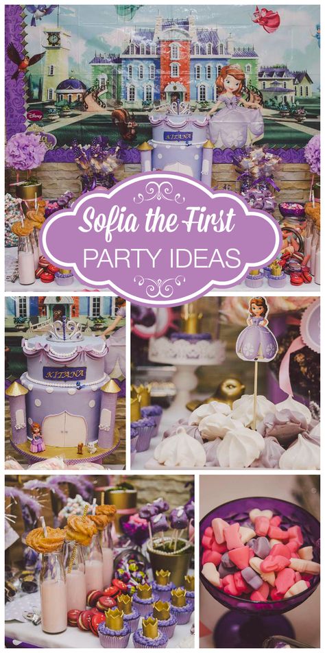 A Sofia the First Royal Princess High Tea girl birthday with a magician, face painter and DIY cupcakes!  See more party planning ideas at CatchMyParty.com! Princess Sophia Birthday Party Ideas, Sofia The First Birthday Party Ideas, Sofia Theme Birthday Party Decorations, Sofia Birthday Party Ideas, Sofia The First Decoration Ideas, Sofia The First Tea Party, Sofia The First Birthday Party Cake, First Party Ideas, Cupcakes Princess