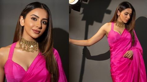 Rakul Preet Singh, with her recent look, is painting the city in pink, wearing a satin saree with a halter neck blouse and a beautiful necklace. Check out the photos Halter Neck Saree, Pink Satin Saree, Saree Necklace, Saree Farewell, Halter Neck Blouse, Halter Neck Blouses, Rakul Preet Singh, Halter Blouse, Rakul Preet