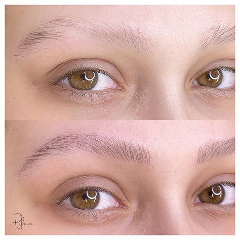 The intention when the client opts for microblading is to improve the symmetry of eyebrows and in many cases also have the impression of fuller eyebrows. I can achieve this result in a subtle way and mainly with a natural aspect, giving your face more harmony and beauty. ⠀⠀ ⠀⠀ So I decided to disseminate my technique, more professionals being delicate creating the design with an analysis that takes into account each particularity of the client's face, more people will be able to feel beautiful w Subtle Microblading Eyebrows, Subtle Microblading, Bad Microblading, Fluffy Eyebrows, Phibrows Microblading, Fuller Eyebrows, Bentuk Alis, Eyebrow Design, Eye Brows