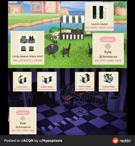 Acnh Black Stall Design, Animal Crossing Tim Burton, Beetlejuice Animal Crossing, Acnh Tim Burton, Acnh Beetlejuice, Animal Crossing Black And White, Animal Crossing Halloween, Acnh Halloween Code, Acnh Halloween