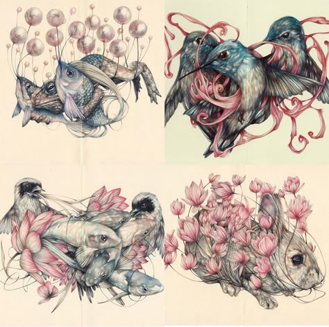 Marco Mazzoni creates works that at first lead the viewer astray, appearing as bouquets or nests until one notices fins protruding from the flora that sprawls across his Moleskine sketchbooks. Some works concentrate on small groups of animals while others serve as fine Kpop Sketch, Flora And Fauna Drawing, Marco Mazzoni, Flora And Fauna Art, Color Pencil Sketch, Beavis And Butthead, Moleskine Sketchbook, Pencil Drawing Tutorials, Colossal Art