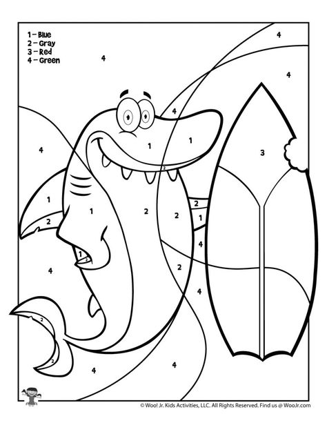 Ocean Color by Number Pages | Woo! Jr. Kids Activities Sharks Coloring Pages, Pirate Color By Number, Mermaid Color By Number, Fun Fractions Activities, Shark Writing Activities, Color By Number Ocean Animals, Octopus Colors, Adult Color By Number, Penguin Coloring Pages