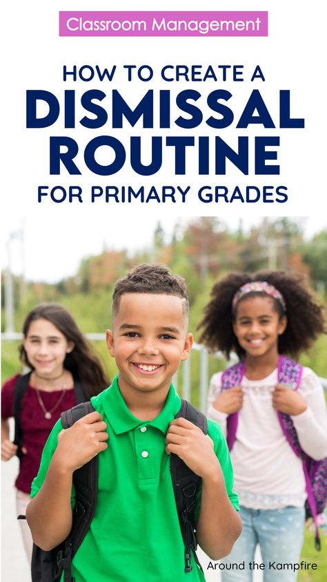 Kids with backpacks at dismissal time at school End Of Day Routines Classroom Procedures, Dismissal Procedures Elementary, First Day Of School Routines, Dismissal Routine, Class Procedures, Elementary Sherlock, Curriculum Night, Class Routine, Classroom Arrangement