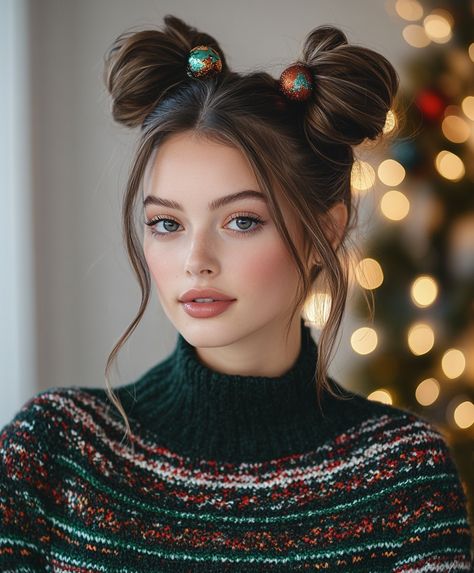 cute christmas hairstyles Two High Buns, New Years Hairstyles, Cute Christmas Hairstyles, Space Buns Hair, Festive Hairstyles, High Buns, Pastel Pink Hair Color, Christmas Hairstyle, Baked Chicken Wings Oven