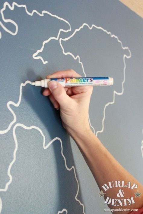 Hand Draw Mural with Paint Pen World Map Outline, Map Mural, World Map Mural, Writing On The Wall, Wall Murals Diy, Map Wall Mural, Map Murals, Map Outline, World Map Wall