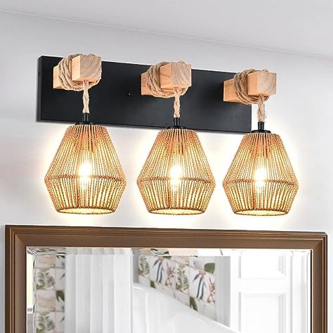 Bathroom Vanity Lights Over Mirror, Light Fixtures For Bathroom, Vanity Lights Over Mirror, Boho Light Fixture, Earthy Bathroom, Bathroom Boho, Bathroom Lights Over Mirror, Mirror Farmhouse, Boho Bathroom Ideas