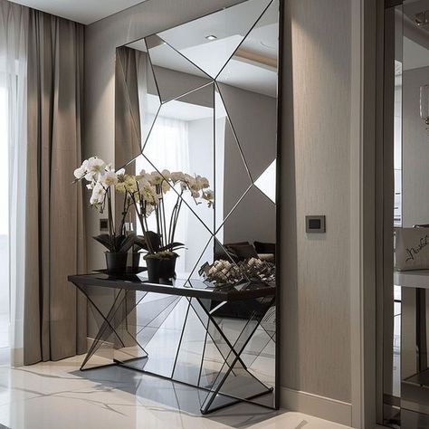 Mirror, Mirror on the Wall Mirror Wall Decor Entrance, Modern Hallways, Cozy Neutral Living Room, Geometric Mirror, Hallway Mirror, Black Console Table, Console Table Design, Hallway Design, Mirror Mirror On The Wall