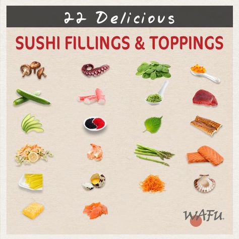 Sushi fillings Sushi Ingredients List, Sushi Filling Ideas, Types Of Sushi Rolls, Recipes Sushi, Sushi Fillings, Cooking Sushi, Sushi Ingredients, Sushi Recipes Homemade, Sushi Roll Recipes