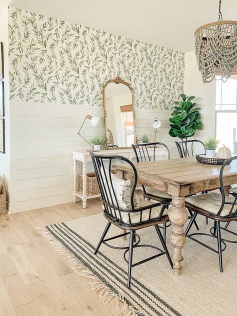 Shiplap And Wallpaper, Wallpaper Shiplap, Dining Room Layout, Dining Room Accent Wall, Farmhouse Wallpaper, Dining Room Accents, Room Accent Wall, Fresh Farmhouse, Dining Room Wallpaper