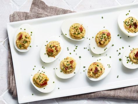 Maple Bacon Deviled Eggs Food Network, Maple Bacon Deviled Eggs, Stuffed Deviled Eggs, Mediterranean Sides, Deviled Eggs With Bacon, Eggs With Bacon, Ham Dinner, Best Deviled Eggs, Bacon Deviled Eggs