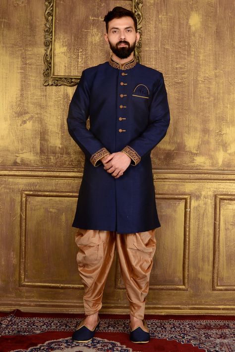 INDIAN KURTA SHERWANI by PARIVAR on Etsy Western Outfits For Men, Wedding Sherwani For Men, Dark Blue Art, Indo Western Outfits, Blue Sherwani, How To Dress For A Wedding, Groom Dress Men, Wedding Dresses Men Indian, Mens Sherwani