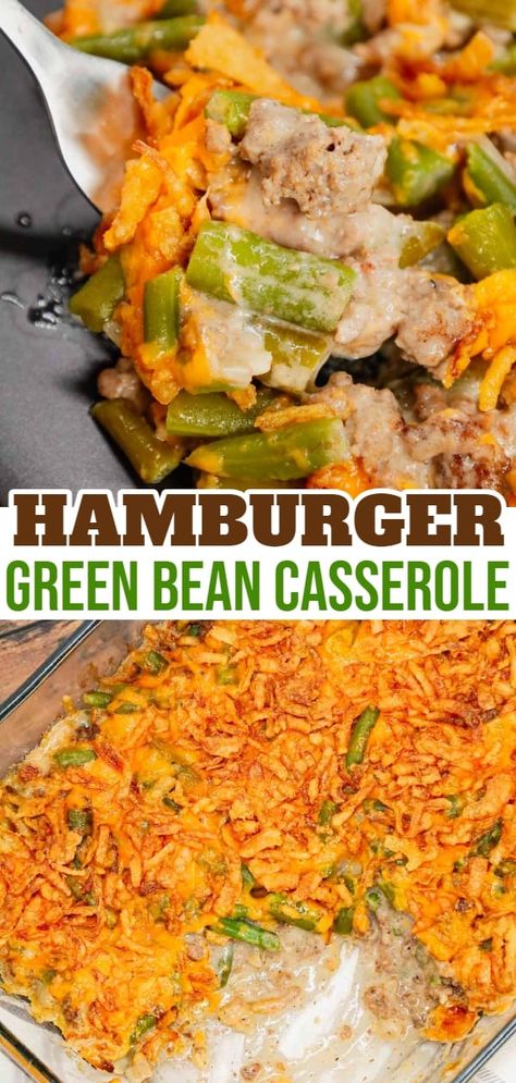 Hamburger Green Bean Casserole is a hearty ground beef casserole recipe loaded with cut green beans, cream of mushroom soup, diced onions, shredded cheddar cheese and French's crispy fried onions. Hamburger Green Bean Casserole Recipes, Ground Beef And Green Bean Casserole, Green Bean And Beef Casserole, Green Bean Ground Beef Casserole, Hamburger And Green Bean Casserole, Green Bean Spaghetti, Cambles Soup Green Bean Casserole, Hamburger Potato Green Bean Casserole, Tater Tot Casserole With Ground Beef And Green Beans