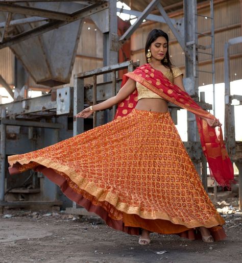 Orange Zari Lehenga with Red Dupatta Set Red Banarasi Dupatta, Bandhani Lehenga, Lehenga With Blouse, Orange Lehenga, Bandhani Dress, Lehenga Skirt, Traditional Indian Outfits, Indian Gowns Dresses, Lehenga Collection