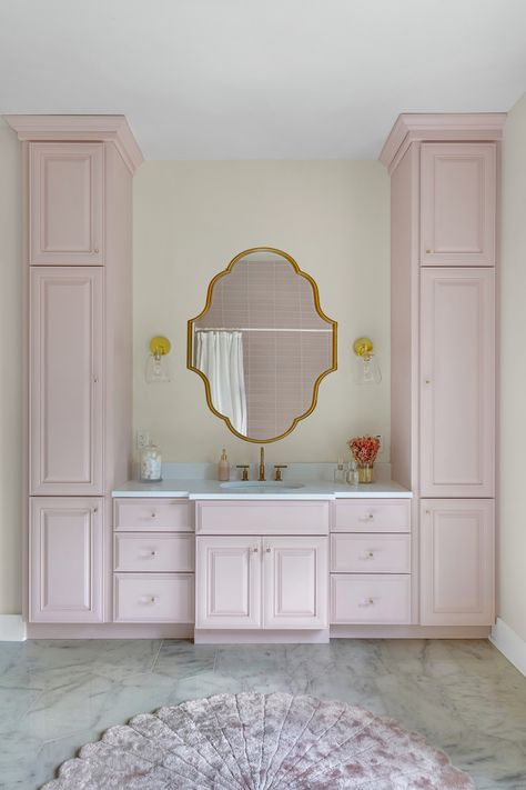 Bathroom cabinet ideas: 10 smart cupboards and cabinets | Pink Bathroom Cabinets, Pink Bathroom Vanity, Bathroom Cabinet Ideas, Pink Tub, Ceiling Classic, Pure Salt Interiors, Pink Floral Wallpaper, Penny Tile, Bathroom Red