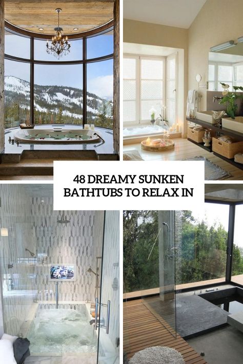 dreamy sunken bathtubs to relax in cover Sunken Tubs With Steps, In Floor Bathtub, Sunk In Bathtub, Sunken Bathtub Shower Combo, In Ground Bathtub, Monochromatic Bathroom, Sunken Bath, Concrete Bathtub, Sunken Bathtub